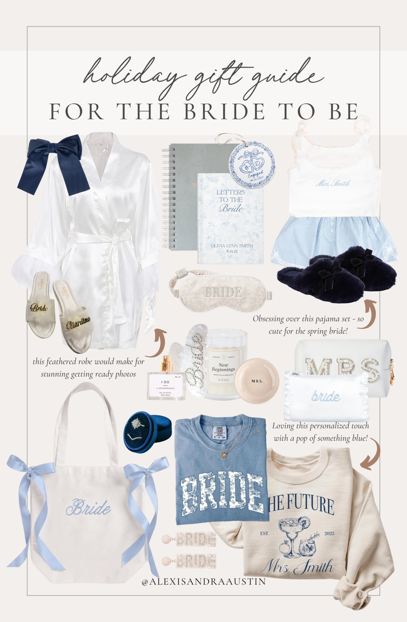 Holiday gift guide for the bride to be! Loving these fun finds with pops of blue and all the bridal prep.

Holiday gift guide, for the bride, bridal crewneck, cozy slippers, pops of blue, bride tote bag, wedding planner, cozy pajamas, spring bridal finds, ring holder, bridal earrings, found it on Amazon, Etsy, shop the look!

#LTKHoliday #LTKGiftGuide #LTKWedding