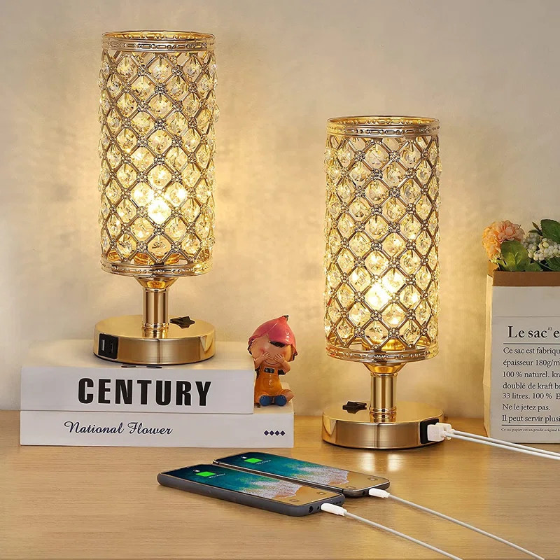 Rosdorf Park Set Of 2 Crystal Table Lamps, Bedside Nightstand Lamps With Dual 2 USB Charging Port... | Wayfair North America