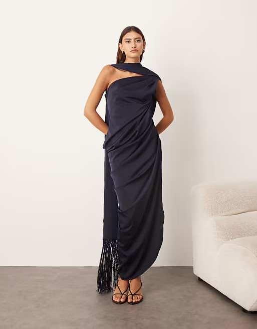 ARRANGE scarf neck draped maxi dress with low back and train in navy | ASOS | ASOS (Global)