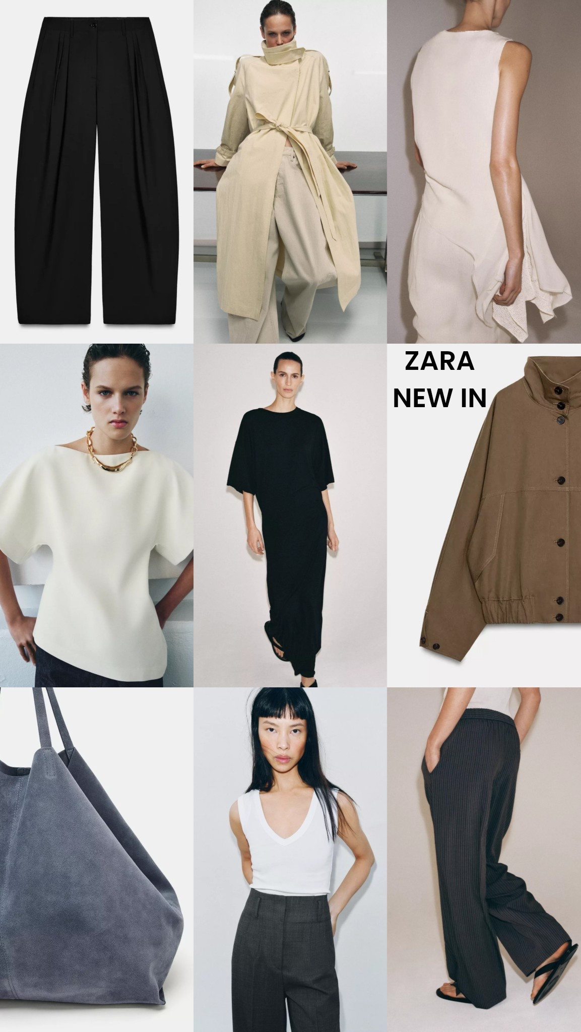 Zara new in 🤍 The items I will be looking for in store tomorrow to update my spring outfits …

Pleated Black trousers (great modern update for your workwear) 
Sculptural top
Funnel neck nylon jacket
Black dress
Pastel Blue suede tote bag 
Pinstripe trousers
Basic vest top
Trench coat
Asymmetric top 

#zara 

#LTKuk #LTKspring #LTKworkwear