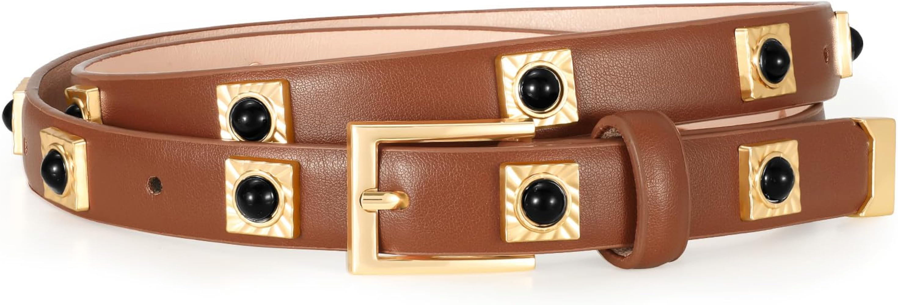 Studded Belt for Women Skinny Leather Belt Fashion Punk Thin Ladies Belt for Jeans Pants Dresses | Amazon (US)