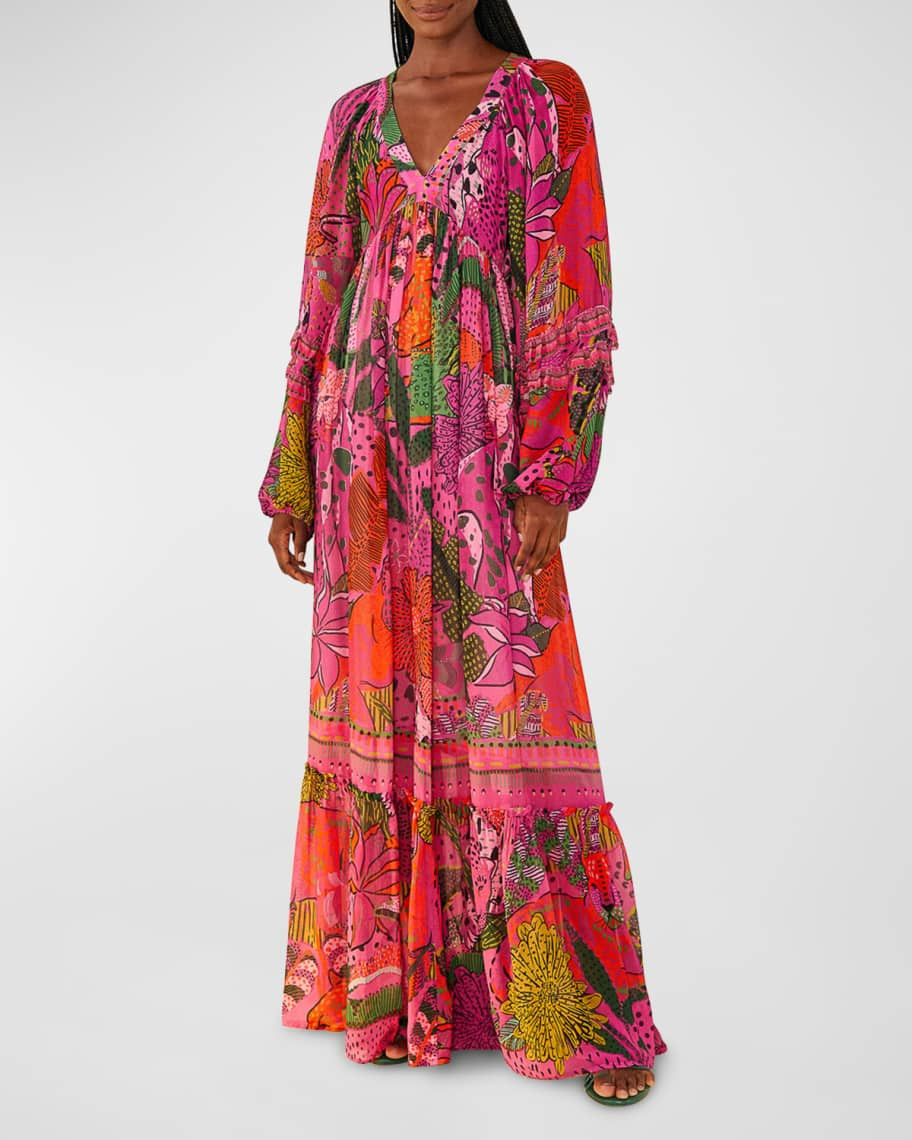 Farm Rio Cool Leopards Plunge Open-Back Maxi Dress | Neiman Marcus