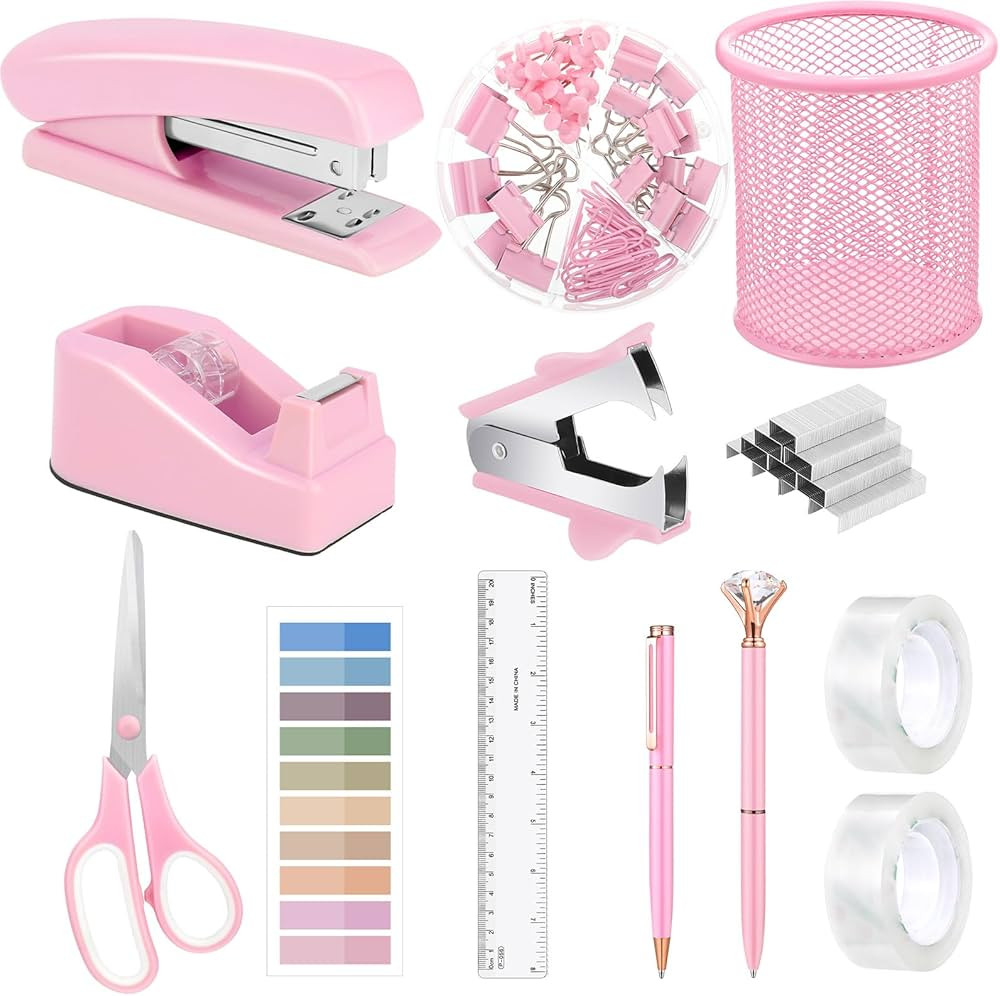Amazon.com : auroray 13 in 1 Pink Office Supplies, Pink Desk Accessories for Women with Stapler,T... | Amazon (US)