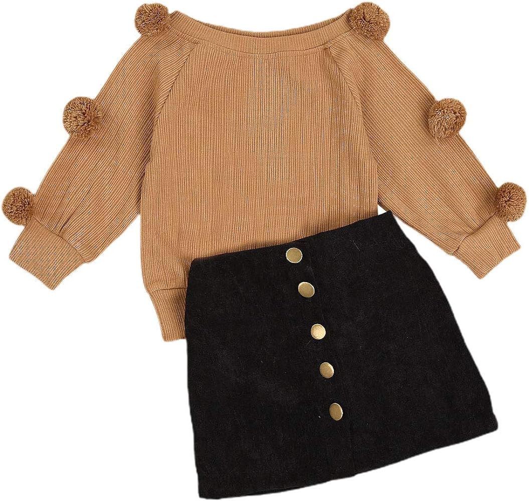 Softcomfy Toddler Kids Baby Girl Clothes Knitted Long Sleeve Pom Pom Sweater Tops Black Skirt Fal... | Amazon (US)