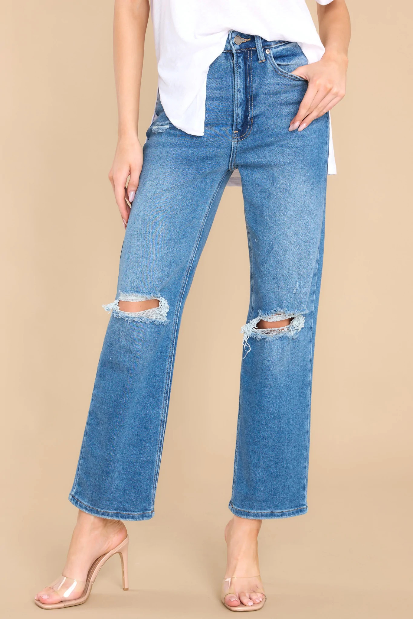 Don't Pass These By Medium Wash Distressed Straight Jeans | Red Dress 