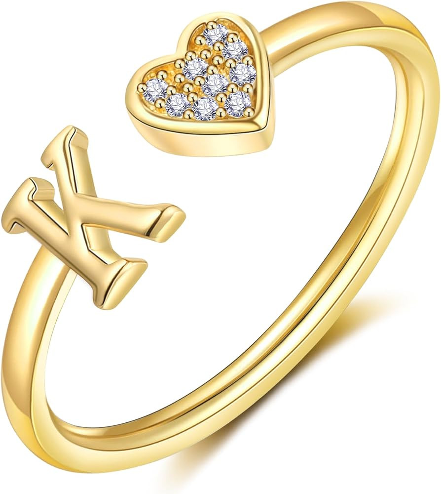 WFYOU Heart Initial Ring for Women Teen Girls Silver Rose Gold Plated Heart Capital Letter Initia... | Amazon (US)