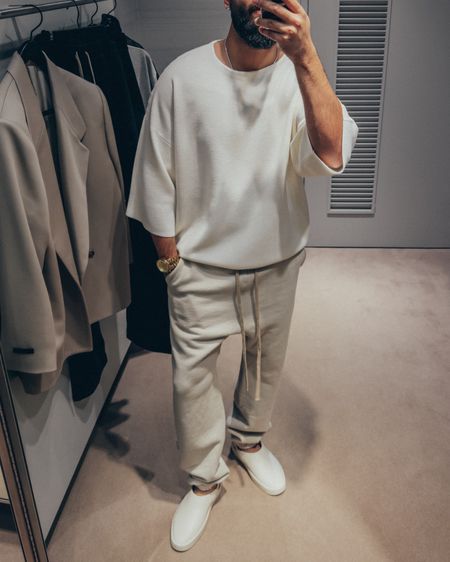 FEAR OF GOD Eternal Collection 3/4 Sleeve Wool Sweater in ‘Cream’ (size M), Classic Cotton Jersey Sweatpants in ‘Cement’ and California slides in ‘Greige’ (size 41). A relaxed and elevated men’s look that’s layered and perfect for a Spring date night out. 

#LTKmens #LTKstyletip