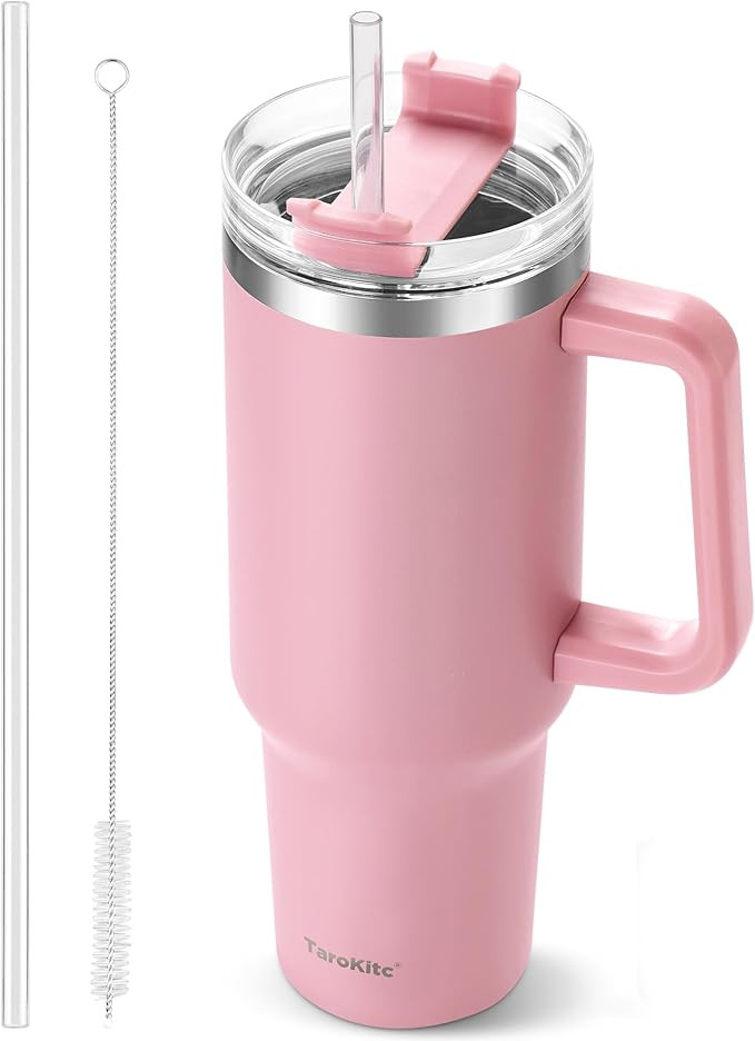 40 oz Tumbler with Handle and Straw, Pink Insulated Travel Mug Iced Coffee Cup, Reusable Stainles... | Amazon (US)