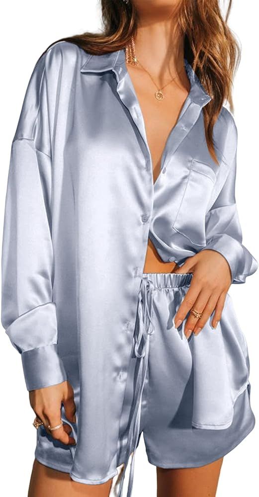 Ekouaer Womens 2 Piece Satin Pajama Set Long Sleeve Lounge Sets Button Down Shirts and Shorts PJs... | Amazon (US)