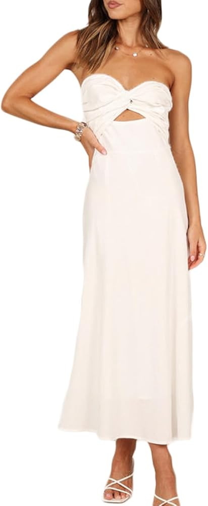 Fiemaoves Sexy Twist Front Strapless Sweetheart Neckline Midi Dresses for Women Smocked Cutout Tu... | Amazon (US)