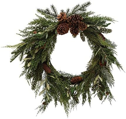 Round Faux Mixed Pine Wreath with Pinecones, Eucalyptus and Olive Leaf, Green and Natural | Amazon (US)