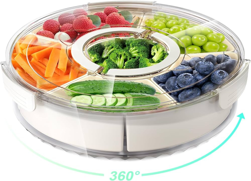 Divided Rotating Serving Tray with Lid and Handle, Portable Snackle Box for Fruits Snacks Veggie ... | Amazon (US)