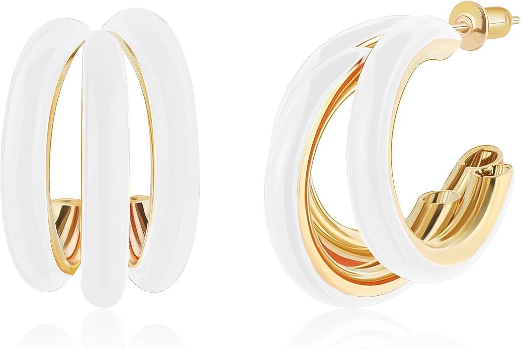 Gold Hoop Earrings for Women, Chunky Triple Hoop Earrings Thick Three Open Hoop Trendy Jewelry Gi... | Amazon (US)