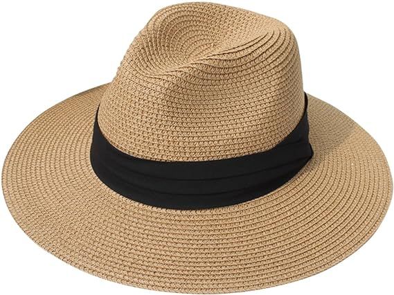 Lanzom Women Wide Brim Straw Panama Roll up Hat Fedora Beach Sun Hat UPF50+ | Amazon (US)