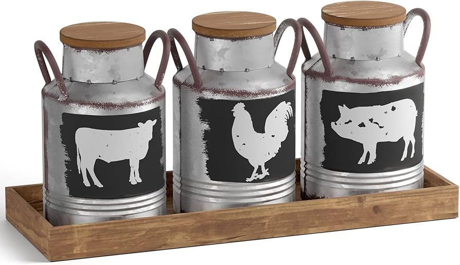 Barnyard Designs Decorative Galvanized Metal Jars with Rustic Handles, Wood Lids and Tray, Vintag... | Amazon (US)