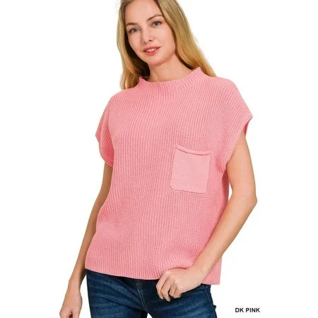 Zenana Mock Neck Short Sleeve Sweater - Pink | Walmart (US)