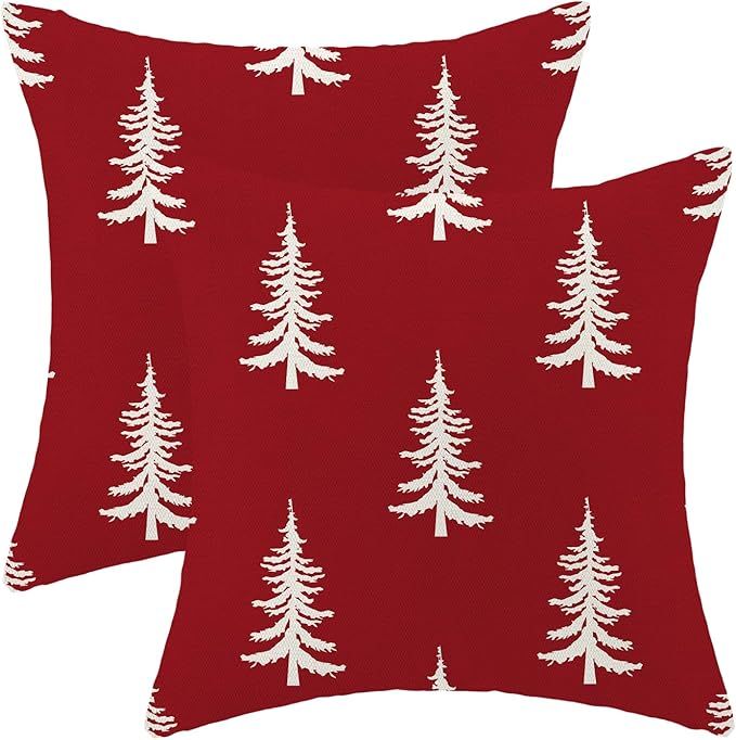 CXMEIFLY Christmas Pillow Covers 18x18 Inch Set of 2 Red White Christmas Tree Decor Throw Pillows... | Amazon (US)