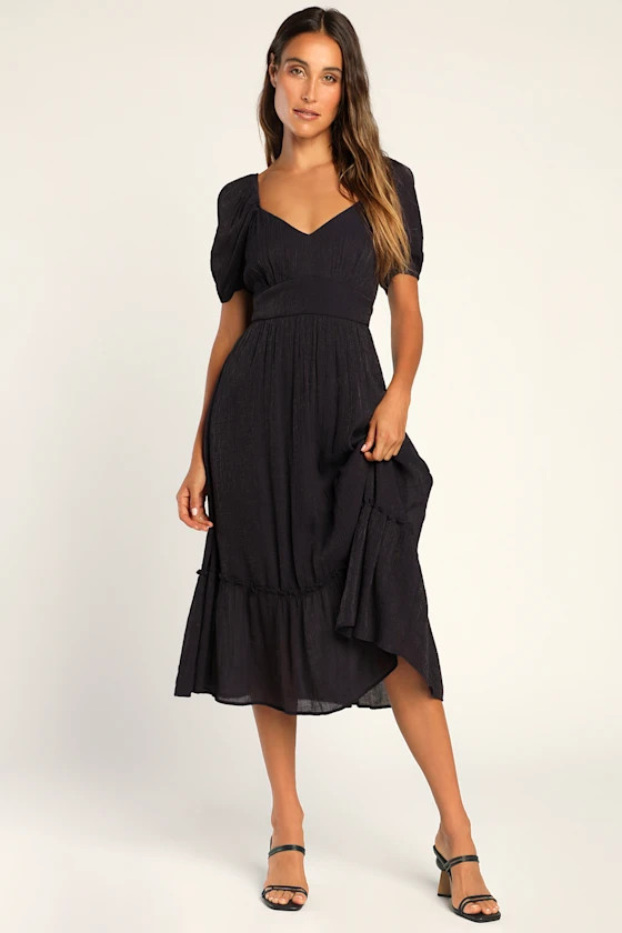 Simply a Sensation Navy Blue Puff Sleeve Midi Dress | Lulus (US)
