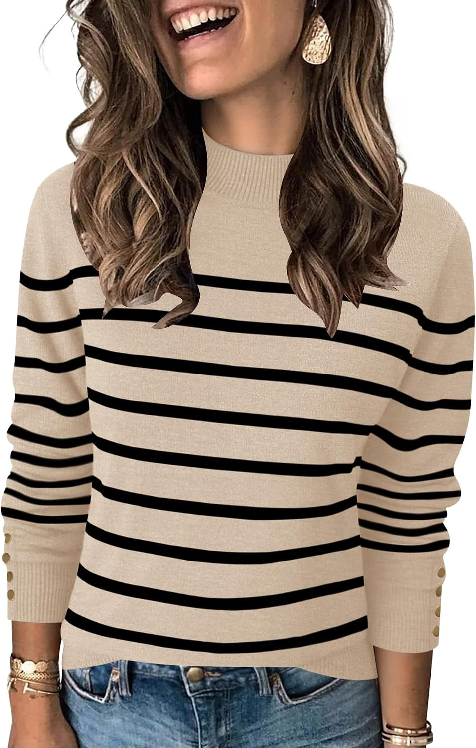 Womens Mock Neck Long Sleeve Knit Sweaters Turtleneck Casual Lightweight Button Cuffs Fall Pullover Sweater | Amazon (US)