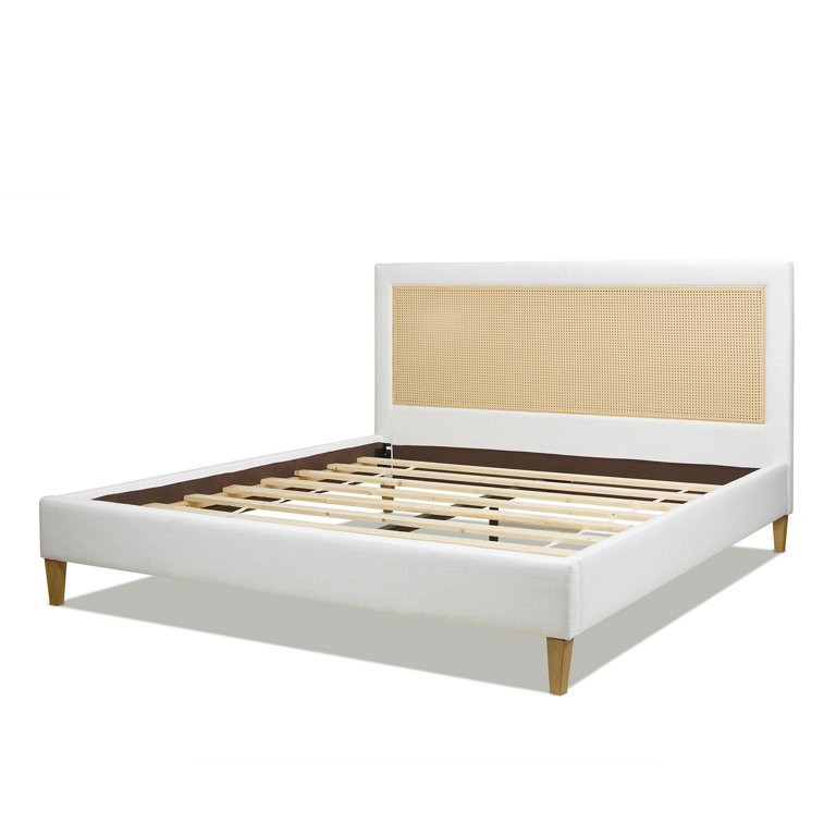 Haley Upholstered Cane-Back Platform Bed, King, Snow White Polyester | Walmart (US)