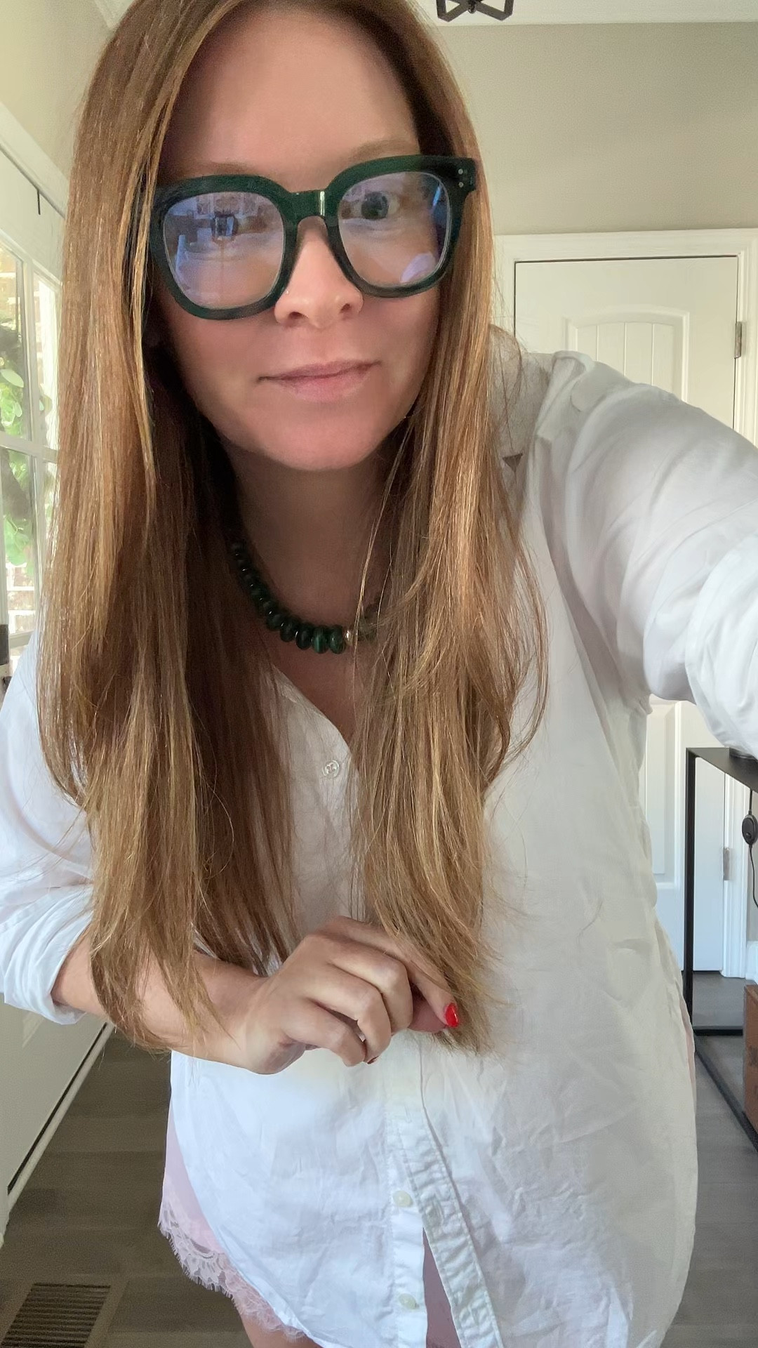 Oversized White Button Fown shirt / wearing a small 
Pink satin and lace shorts / tts wearing a medium 
Chunky blue light glasses 
Chunky bead necklace 
Tan Mary Jane flats 

#LTKWorkwear #LTKdayinmylife #LTKootd