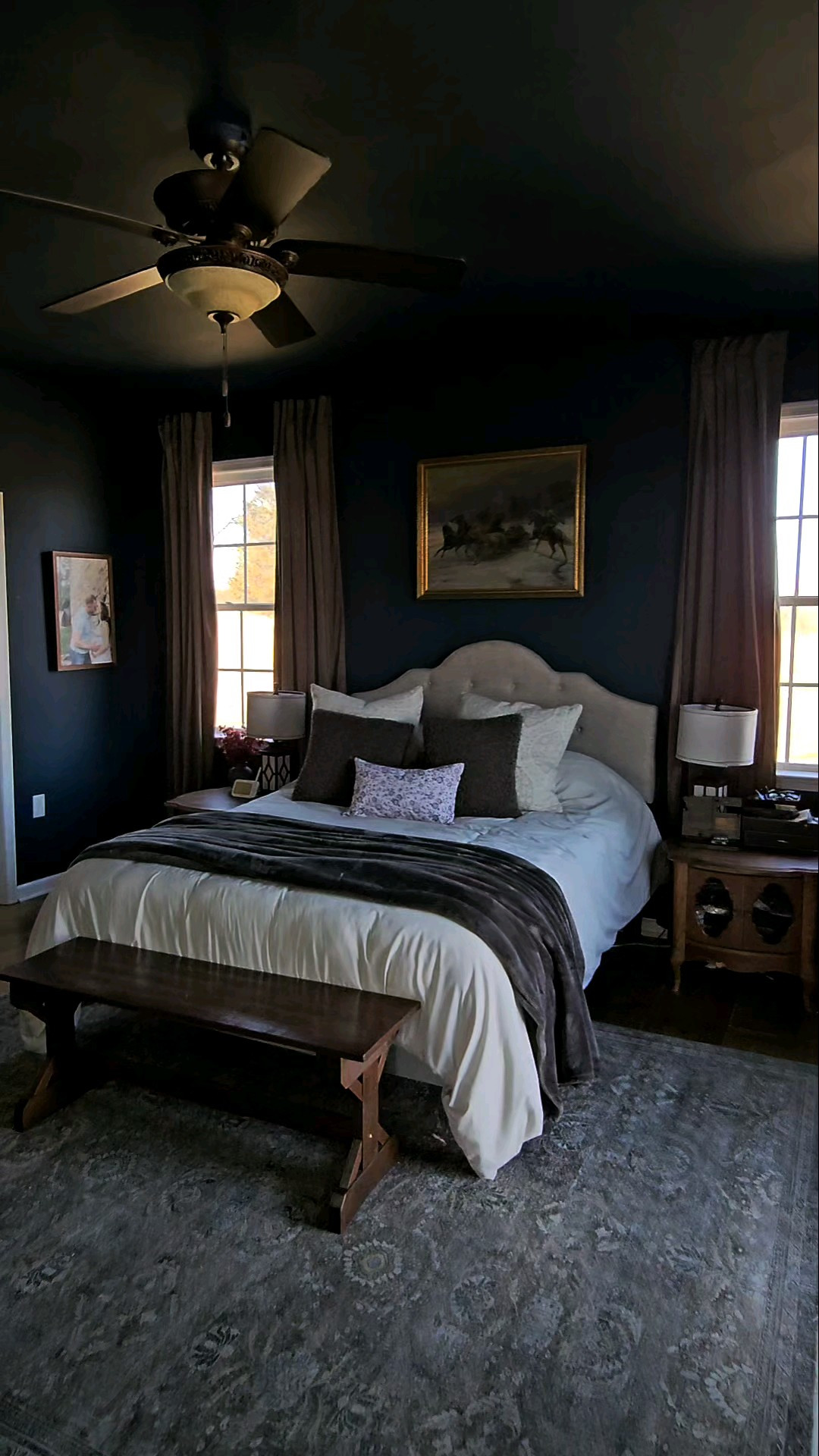Moody bedroom inspo! My velvet curtains and tufted headboard are designer looks for less 🙌Shop by clicking the thumbnails below 👇... headboard, tufted headboard, farmhouse bedroom, neutral bedding, bedding inspo, bedding, romantic bedroom, velvet curtains, loloi rug, table lamp, dimmable lamp, bedroom pillows, decorative pillows, bedroom, master bedroom 

#LTKStyleTip #LTKSaleAlert #LTKHome