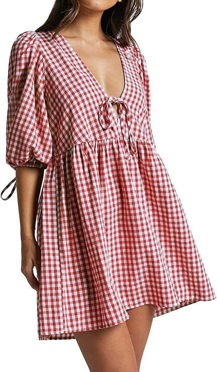 Women's Gingham Puff Sleeve Tie Front Babydoll Mini Dress | Amazon (US)