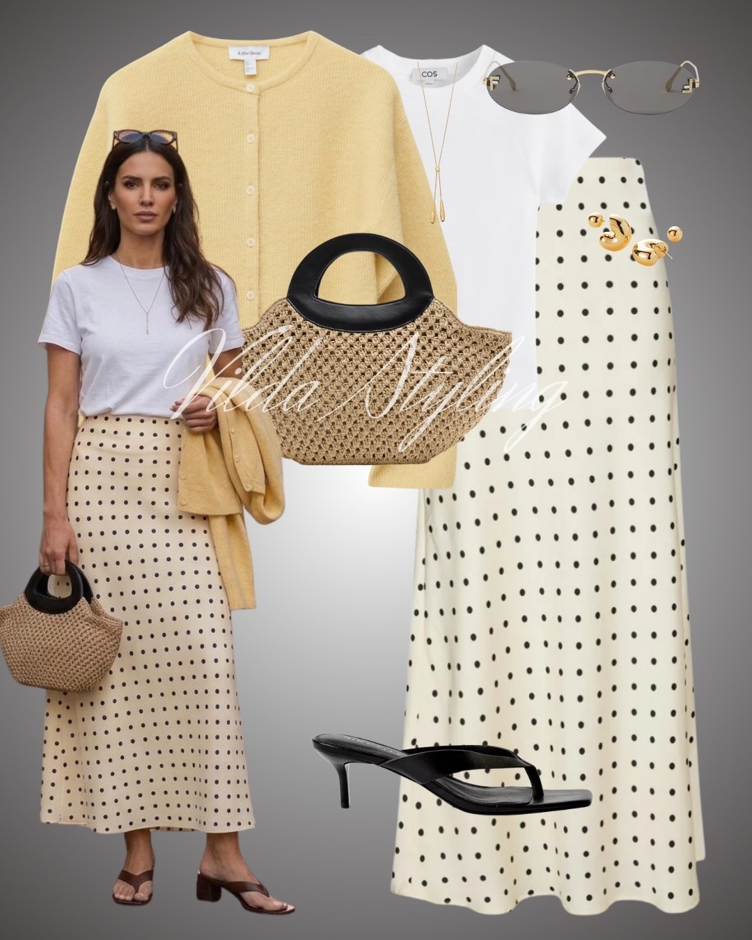 Satin polka dot skirt white tee butter yellow cardigan raffia bag sandals

#LTKspring #LTKsummer #LTKuk