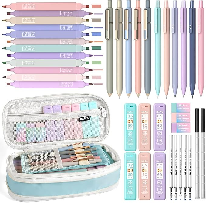 Nicpro 39 PCS Aesthetic School Supplies with Cute Pen Case, 12 Pastel Highlighters, 5 Black Ink G... | Amazon (US)