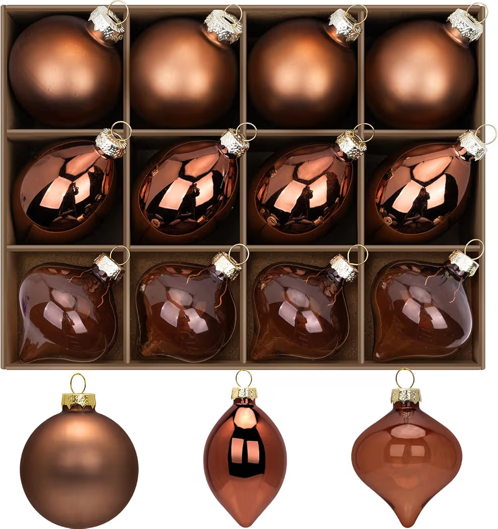 12 Pcs Brown Bronze Copper Glass Christmas Ball Ornaments Set, Assorted Neutral Hanging Baubles, ... | Amazon (US)