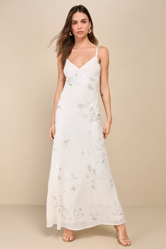 Blissfully Graceful Ivory Floral Metallic Backless Maxi Dress | Lulus