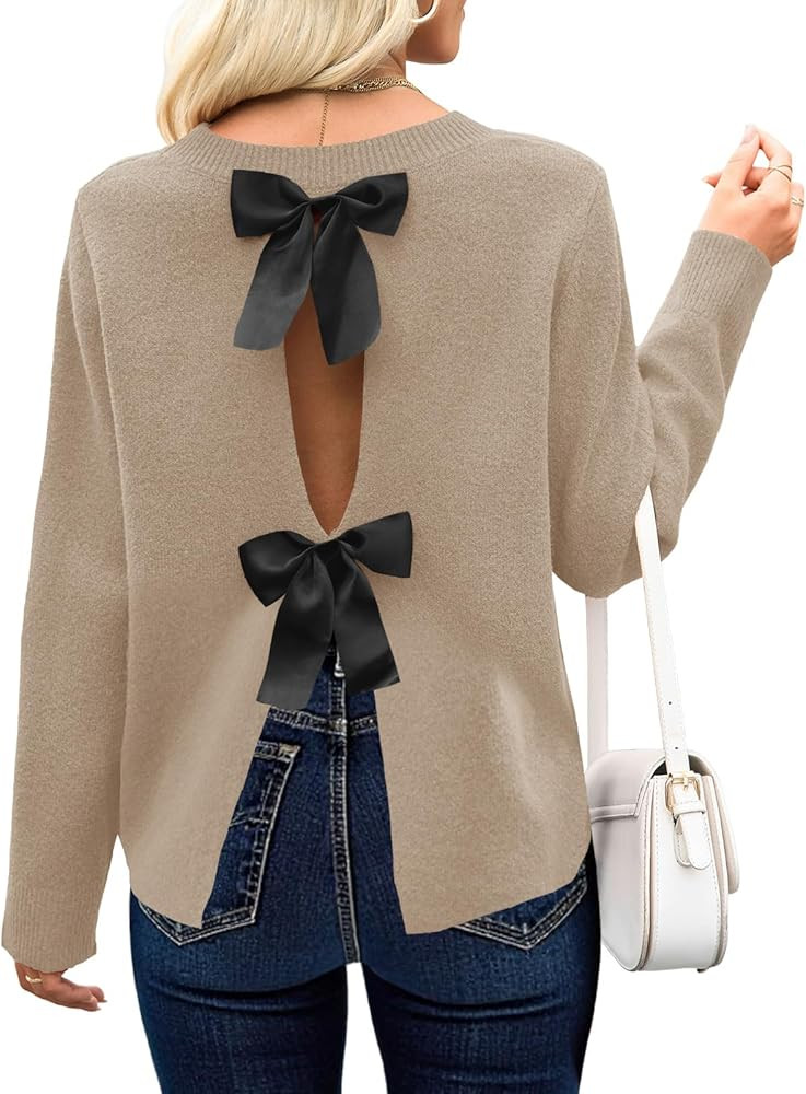 Saodimallsu Womens Bow Sweater Open Back Long Sleeve Going Out Tops Crew Neck Knit Split Fall Tre... | Amazon (US)