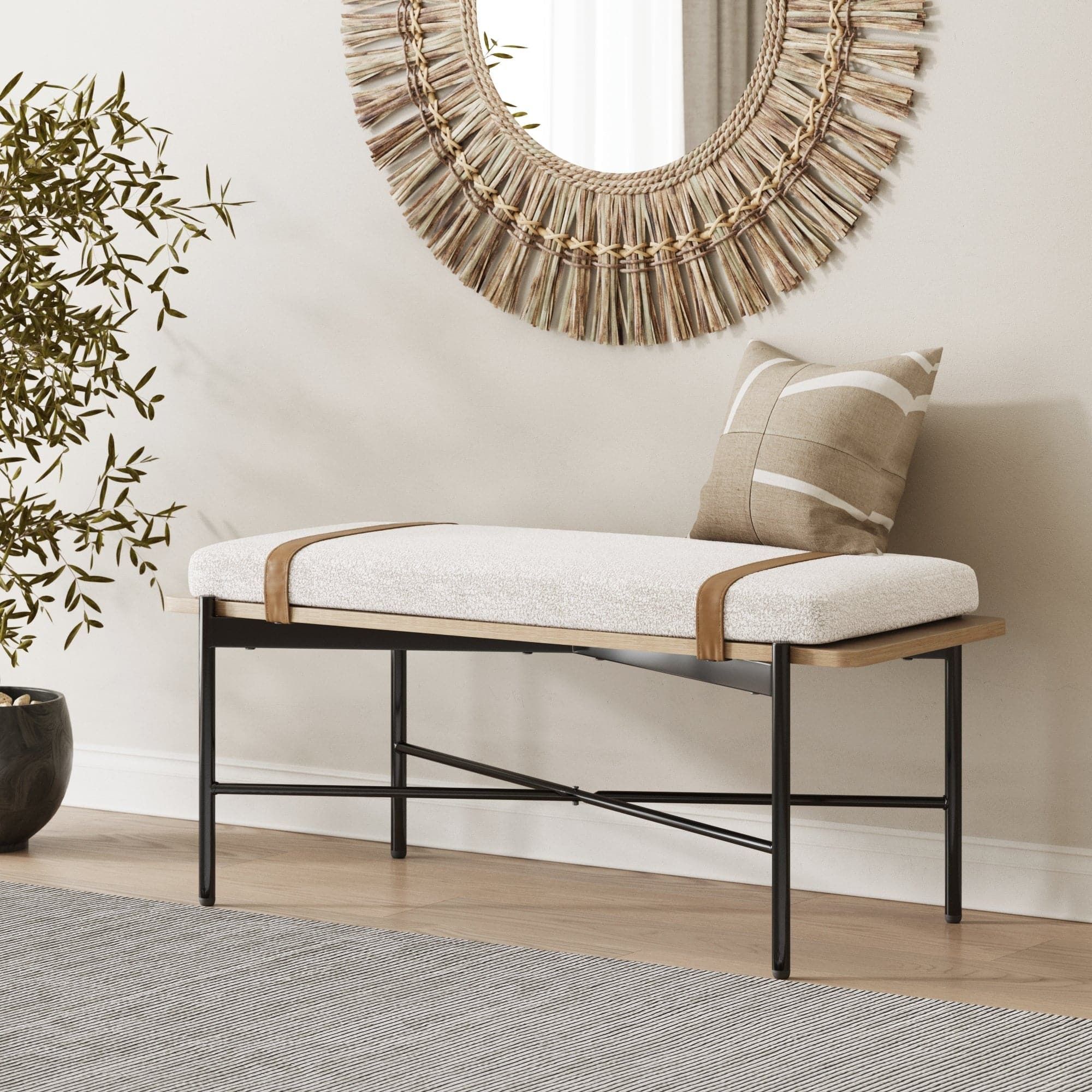 Boucle, Wood & Metal Removable Cushion Bench | Nathan James