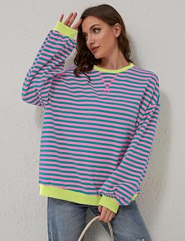TERIVEEK Women Oversized Striped Color Block Long Sleeve Crew Neck Sweatshirt Casual Loose Pullov... | Amazon (US)