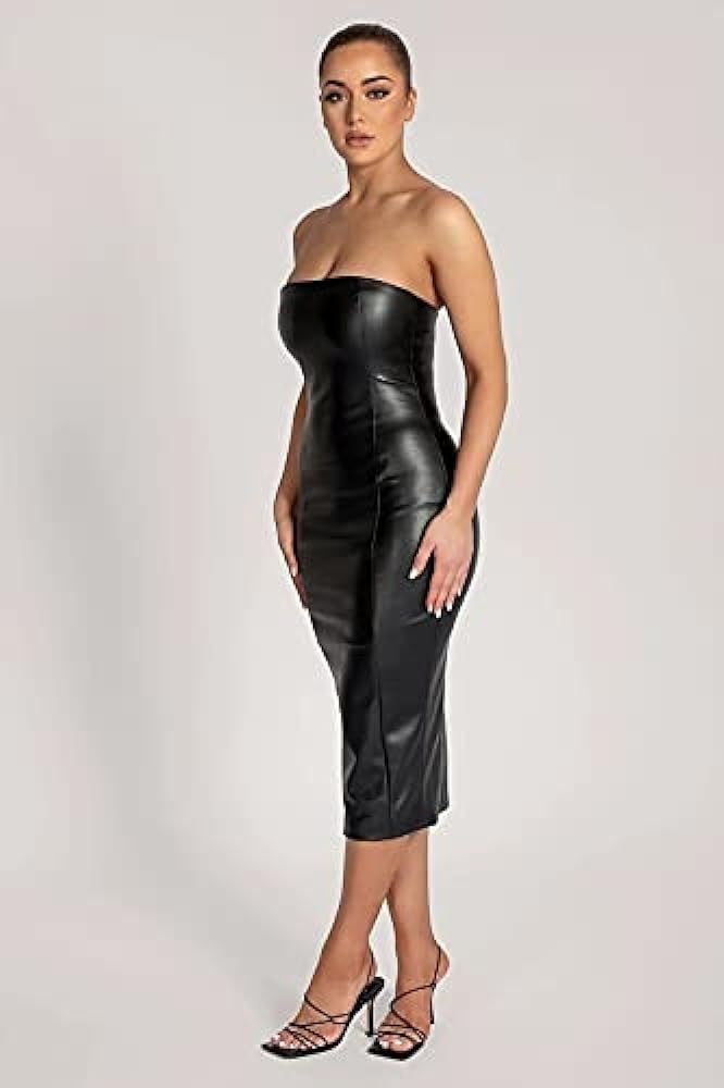 XLLAIS Women Sexy Strapless Tube Top Club Midi Dress Off Shoulder Bodycon Party Faux Leather Dress | Amazon (US)