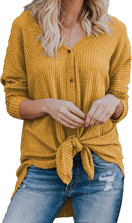 MIHOLL Womens Loose Blouse Short Sleeve V Neck Button Down T Shirts Tie Front Knot Casual Tops | Amazon (US)