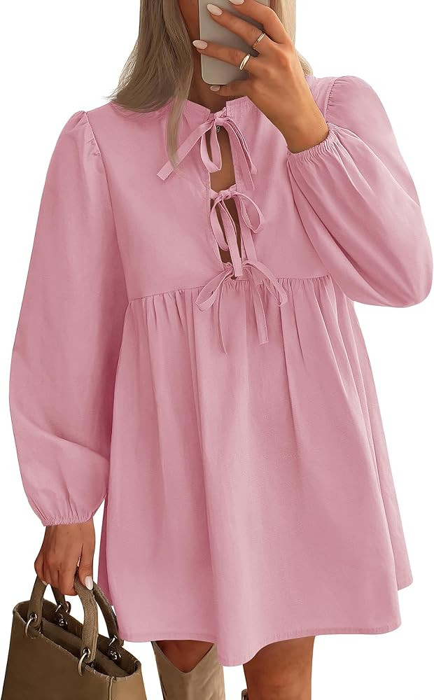 ZESICA Women's Dress Fall Long Puff Sleeve Self Tie Front Babydoll A Line Pleated Cute Mini Tunic... | Amazon (US)