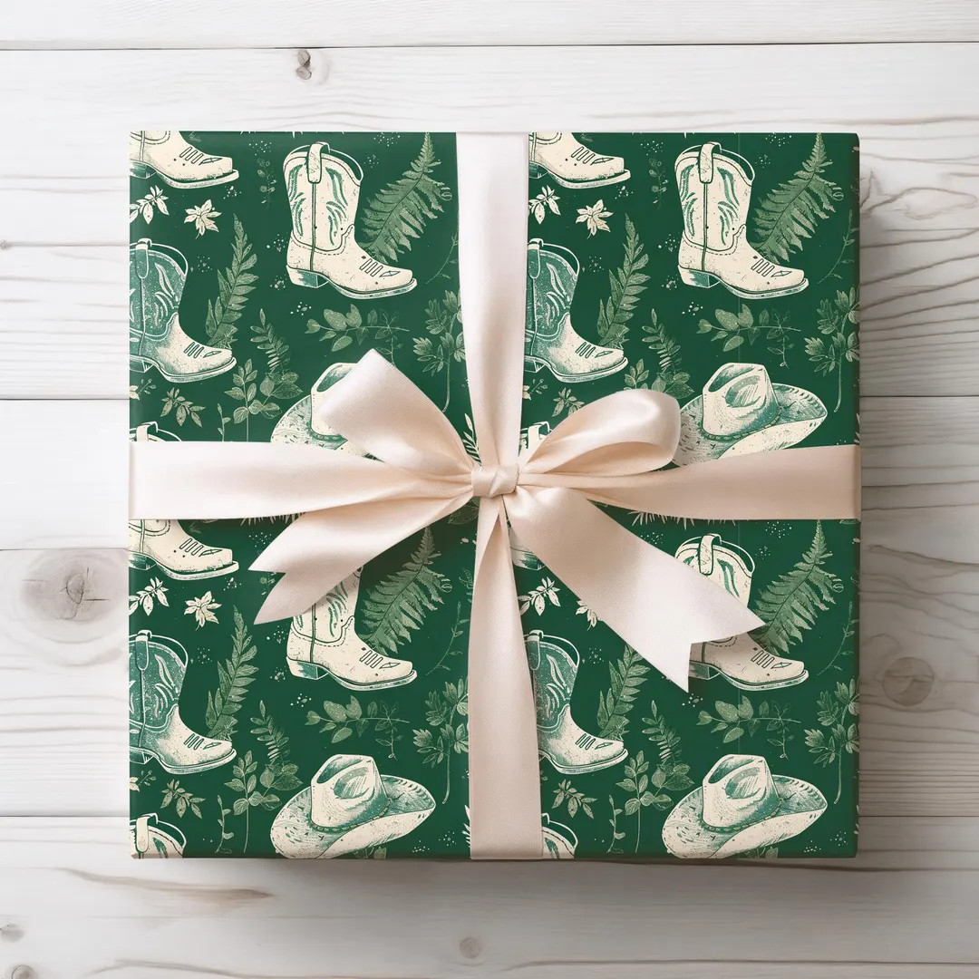 Western Cowboy Christmas Wrapping Paper, Retro Christmas Wrapping Paper, Green Cowboy Gift Wrap, ... | Etsy (US)