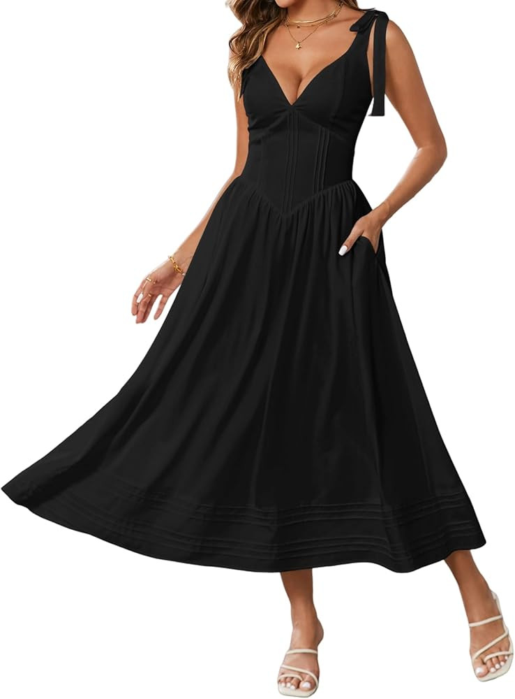 Women's Summer Wedding Guest Corset Midi Dress V Neck Flowy A Line Sundress Casual Dresses with P... | Amazon (US)