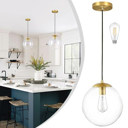 KoKo&Yukina 10" Globe Pendant Light Gold Mid Century Pendant Glass Globe Light Fixture Mid Century Modern Light Fixture Brushed Brass Finished with Clear Glass Lampshade for Dining Room Bedroom | Amazon (US)