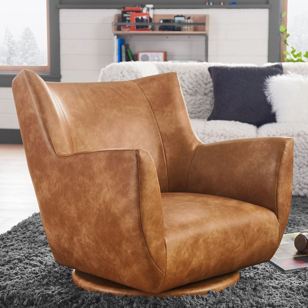Faux Leather Caramel Lennon Low Swivel Chair | Pottery Barn Teen