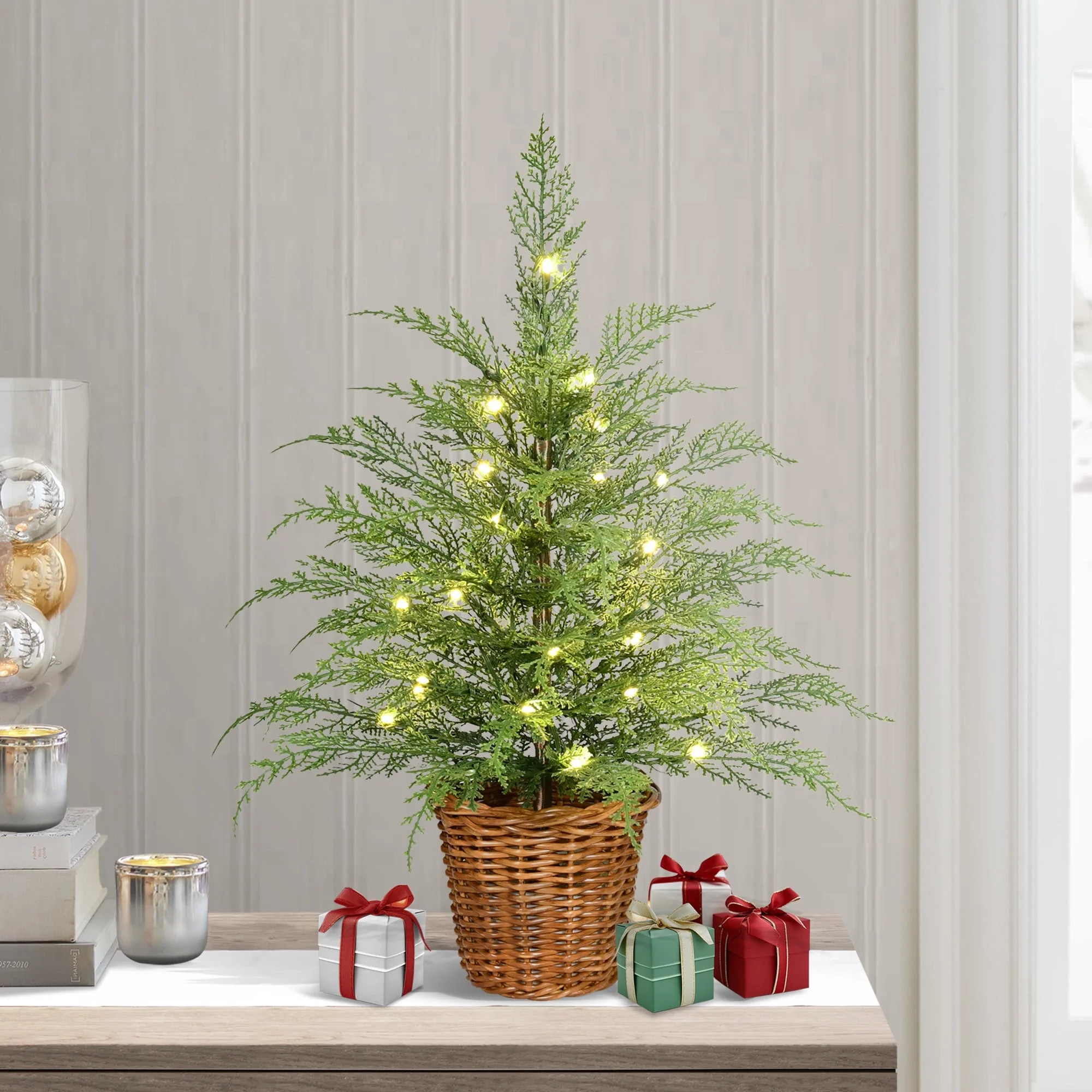 24" Pre-Lit Green Cypress Artificial Christmas Tree With 30 Warm White Battery-Operated Twinkle L... | Walmart (US)