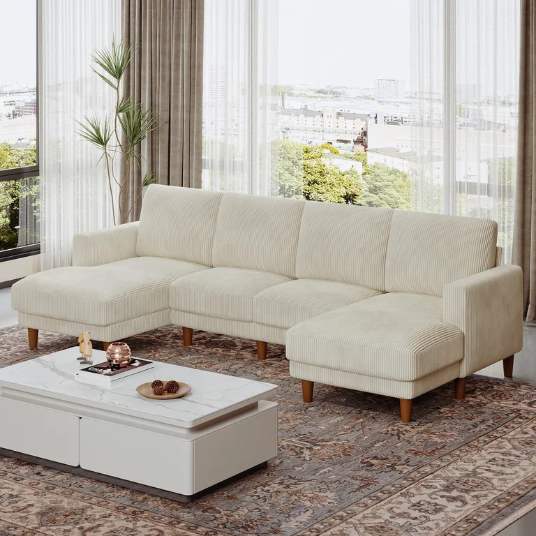 106" Corduroy Sofa for Living Room, U Shaped Couch, Wood Frame, Beige | Walmart (US)