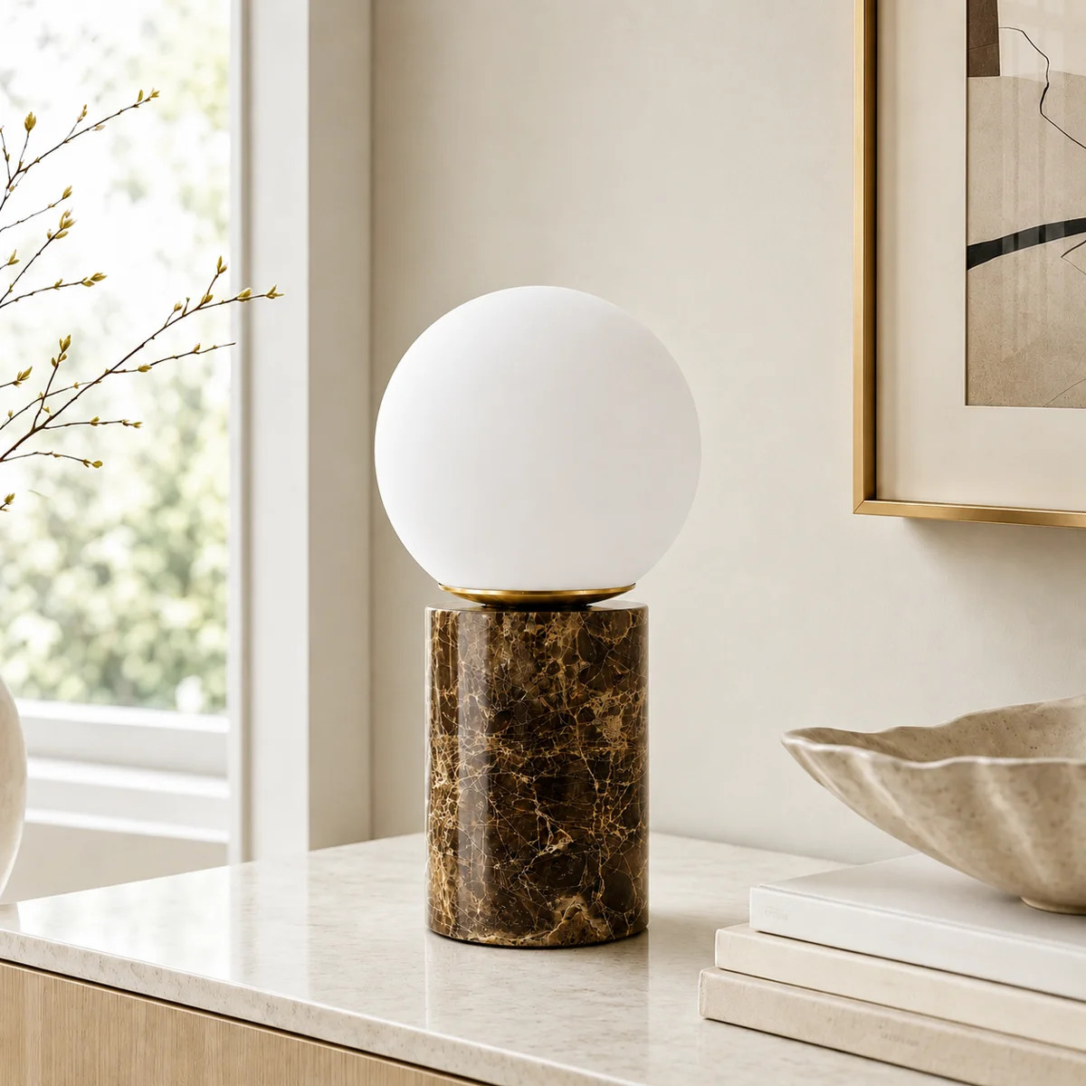 11.5" Modern Natural Brown Marble Table Lamp with Milky Glass Globe Shade | Wayfair North America