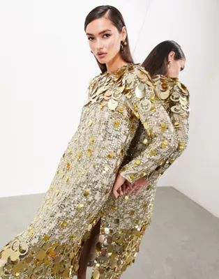 ASOS EDITION stacked multi sequin long sleeve column midaxi dress in gold | ASOS (Global)