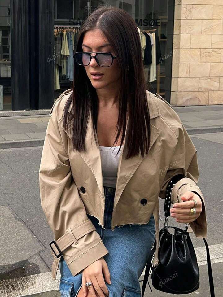 Fashion Trench Jacket Women With Belt Cropped Trench Jacket Autumn New Vintage Long Sleeve Female... | SHEIN