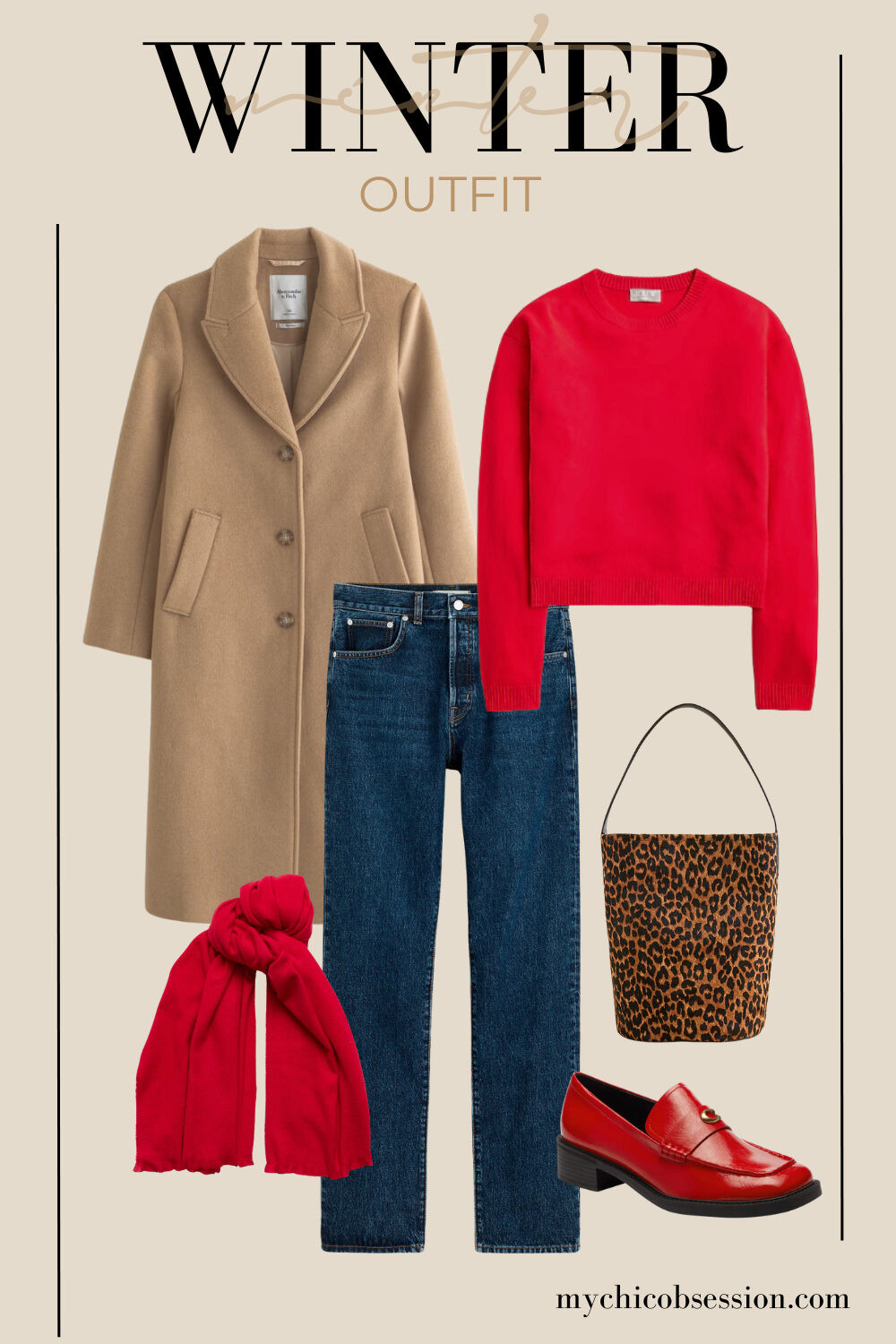 Add a pop of bright red to your favorite neutral winter outfits! Style a red cashmere sweater with a red scarf and red loafers, paired with a camel coat, jeans, and a leopard print tote bag. 

 #LTKSeasonal