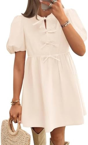 ZESICA Women's Summer Short Sleeve Tie Front Mini Dress Babydoll Ruffle Pleated A Line Vacation G... | Amazon (US)