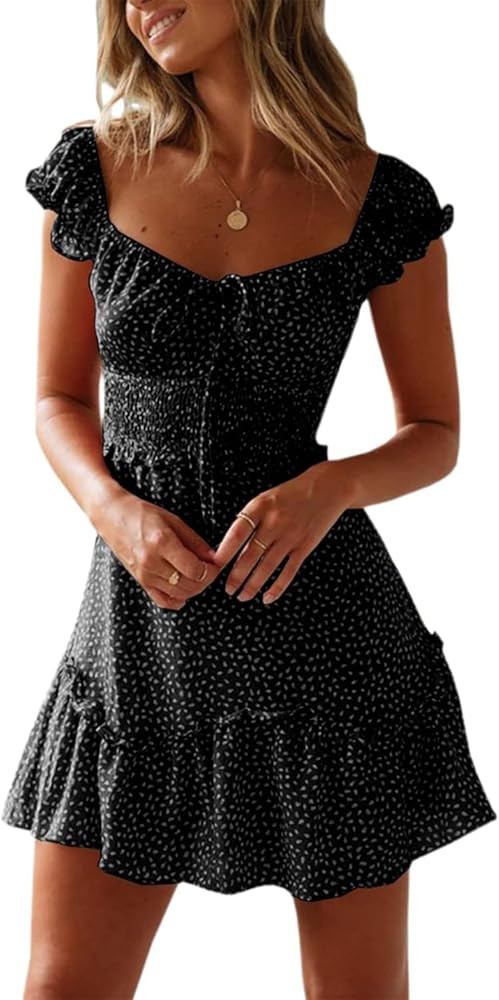 Valphsio Womens Smocked Dress Ruffle Floral Tie Front Boho Short Dresses | Amazon (US)