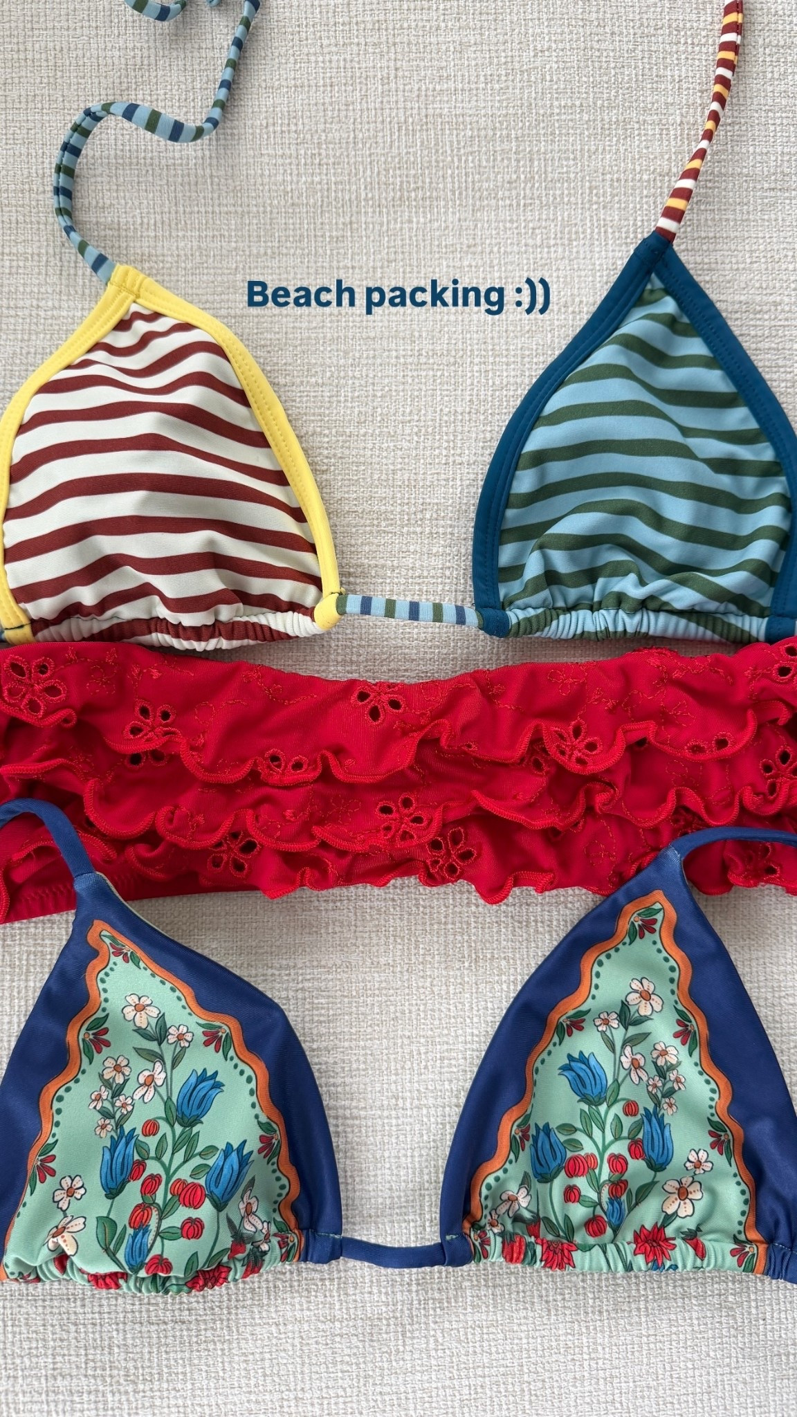 Beach packing :)) I wear XS in both triangle tops! The middle one is from a store in Naples FL that doesn’t sell online!